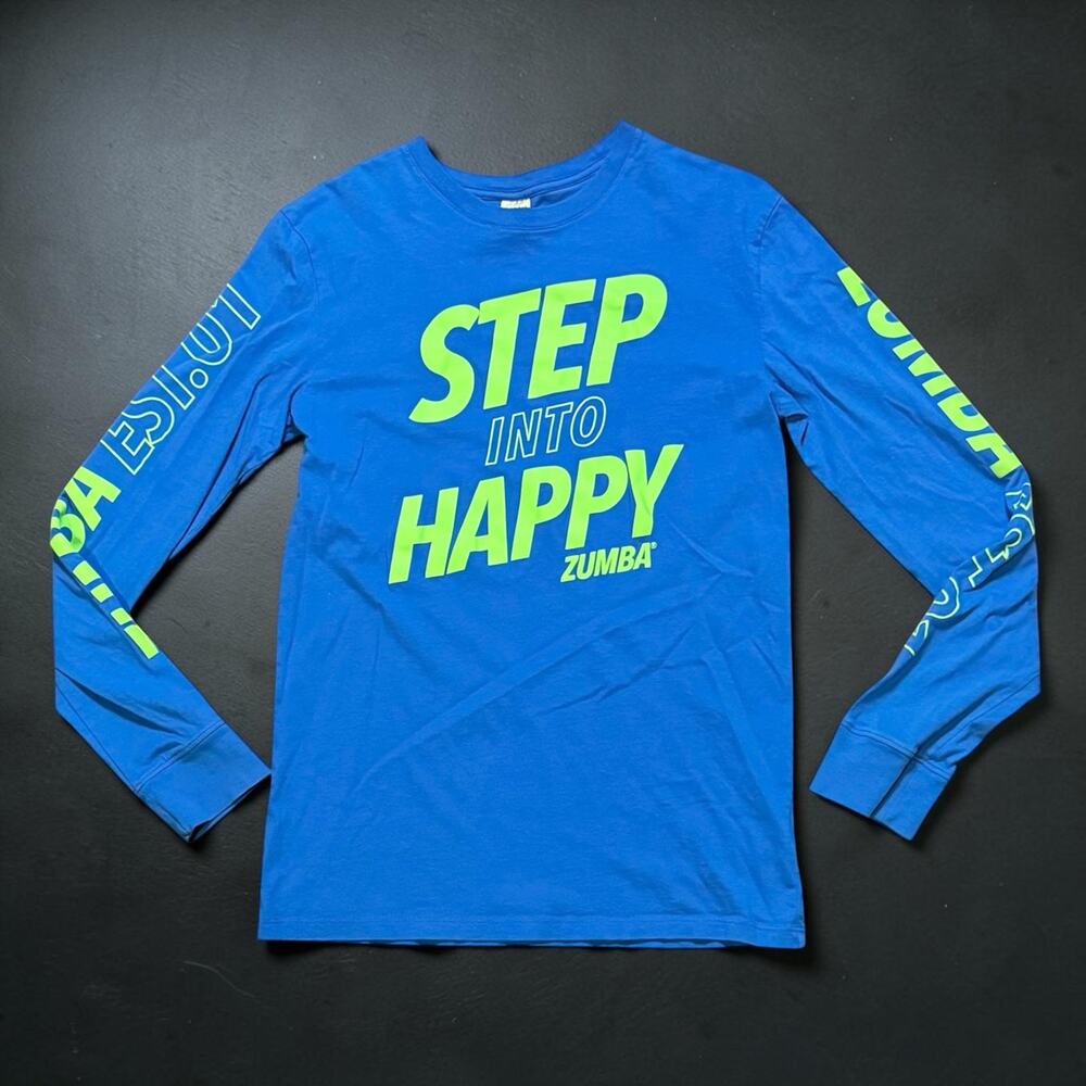 Zumba Long Sleeve Tee Unisex Blue Neon Green Step Into Happy T-Shirt Size XS